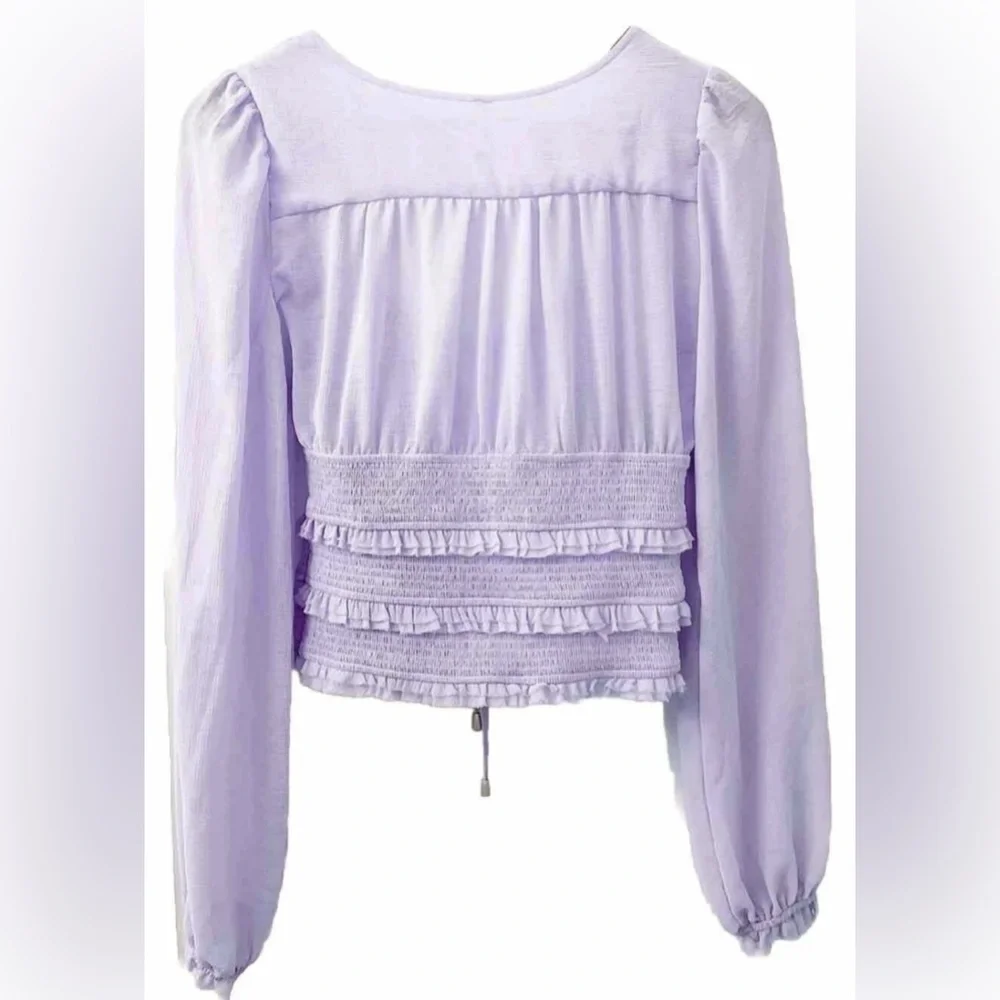 Free People Lolita Blouse Lavender XS Peasant Top Ruffle Smocked Sheer Boho